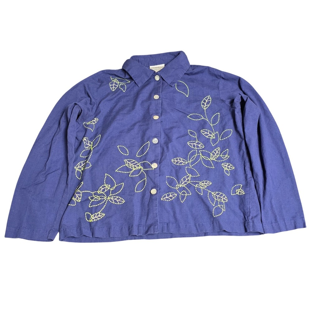 Coldwater Creek Button Front Shirt Womens Size M BlueCotton Linen Embroidered